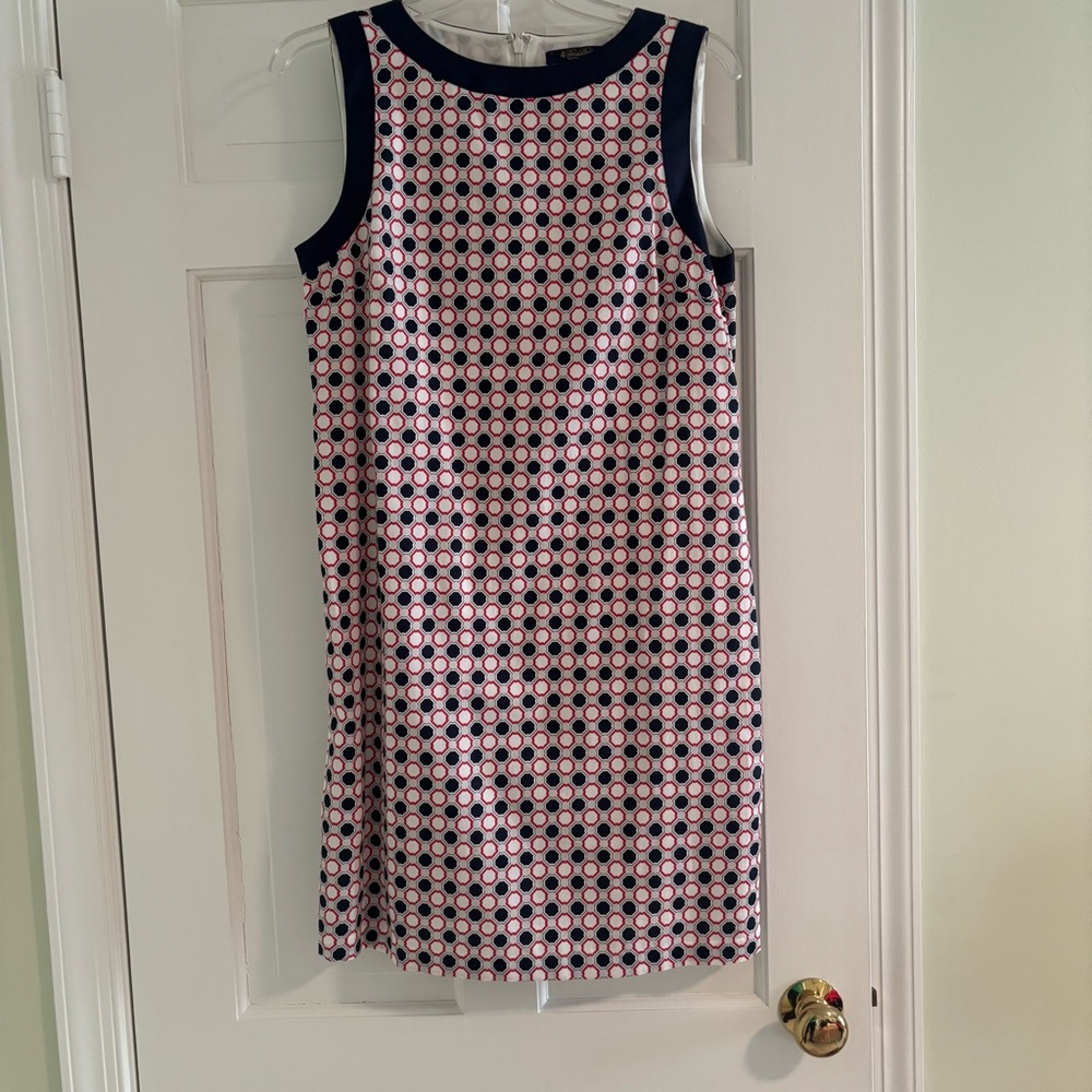 BROOKS BROTHERS Sleeveless Pink Geometric Shift Dress - Navy Trim